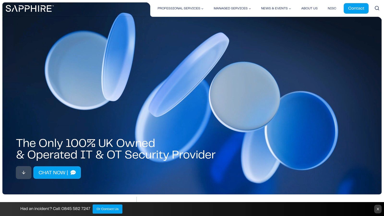 Sapphire Cyber Security's website homepage showing their branding and core service areas.