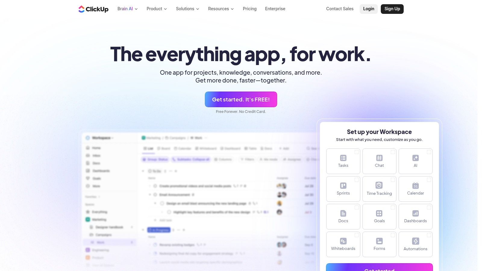 ClickUp interface showing various project views and dashboards