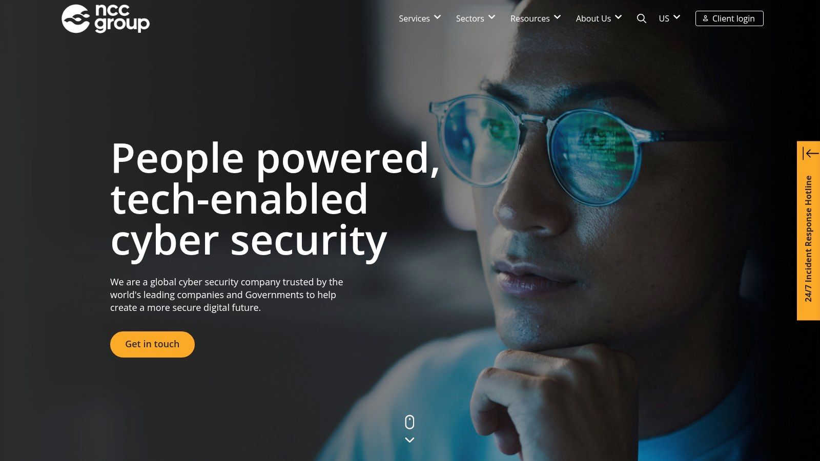 The NCC Group website homepage showing their branding and core service areas.