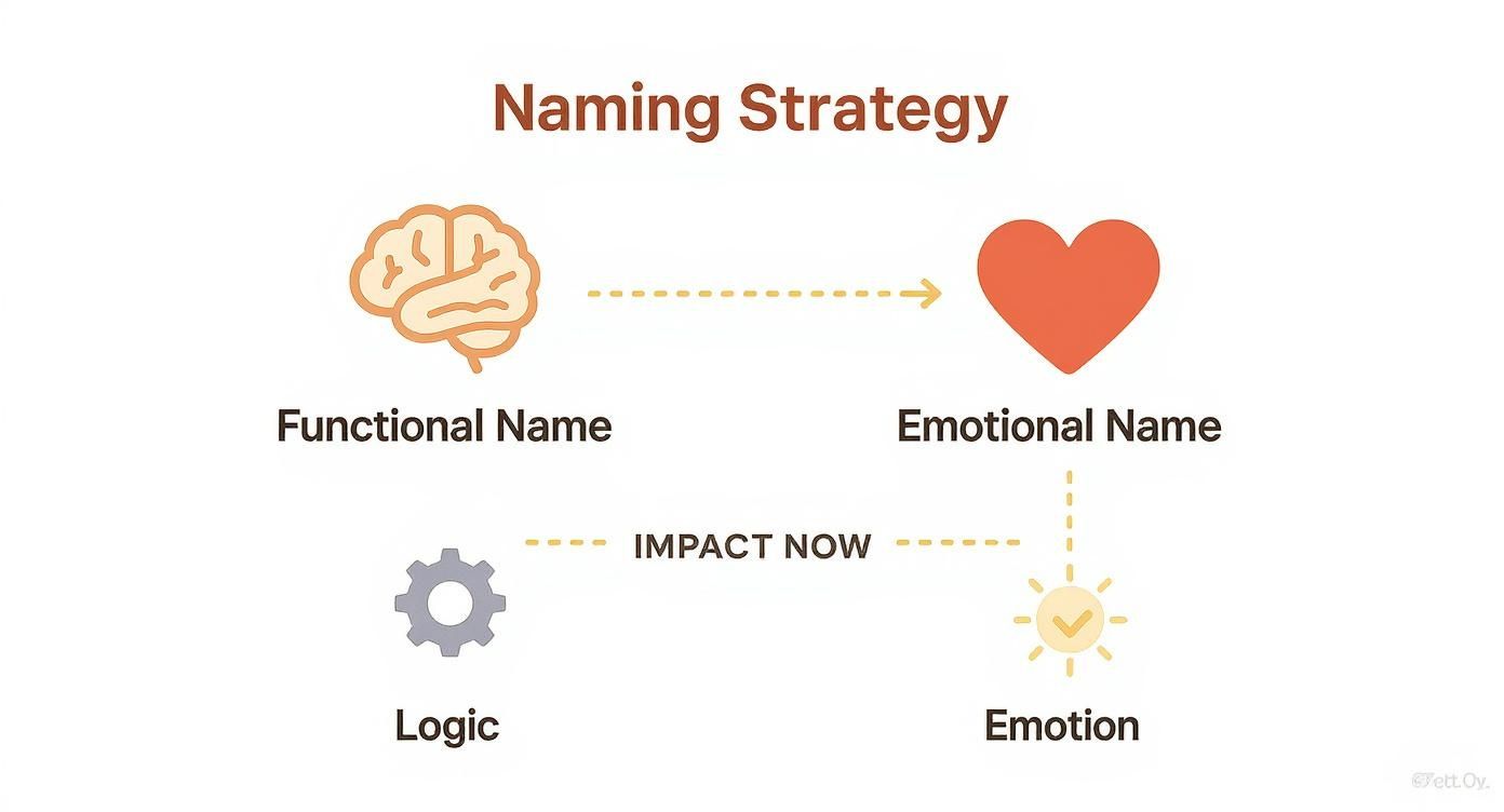 Diagram illustrating a naming strategy, connecting functional names (brain) to emotional names (heart) and their impact.