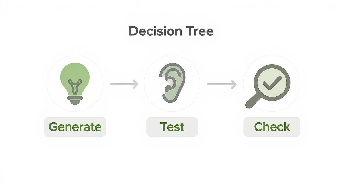 A decision tree diagram illustrating a three-step process: Generate (lightbulb), Test (ear), and Check (magnifying glass).
