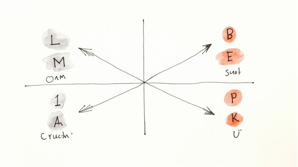 Diagram showing business name brainstorming with arrows pointing from center to different word categories