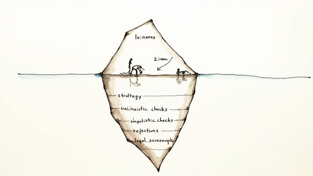 An iceberg with a small tip visible above the water, representing the final name pitch, and a massive, complex structure below the surface, representing the hidden work.