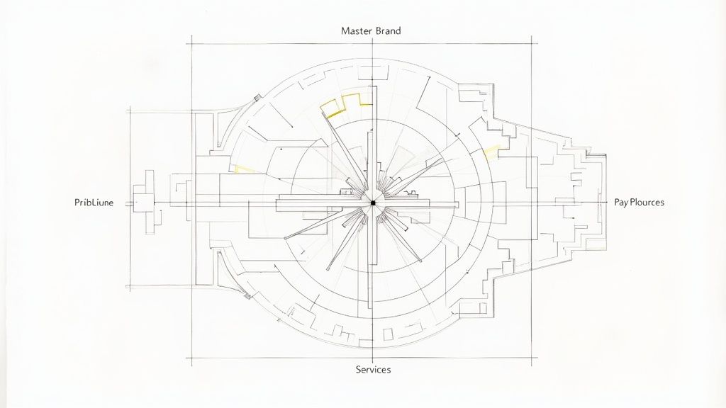 Architectural diagram showing brand relationships with a central hub, labeled Master Brand, PribLiune, Pay Plources, and Services.