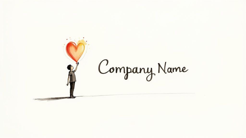 A whimsical drawing of a small figure holding a glowing heart balloon, with the text 'Company Name' beside it.
