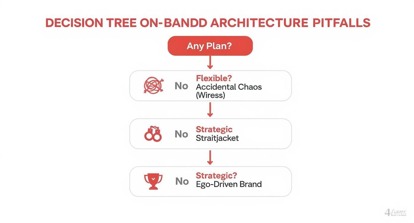A decision tree illustrating pitfalls in ON-BANDD architecture, starting with 'Any Plan?'.