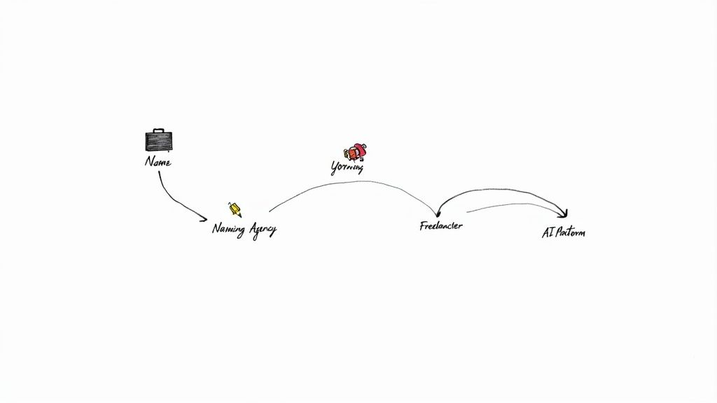 A person at a crossroads with three distinct paths, symbolizing the choice between a naming agency, a freelancer, and an AI platform.