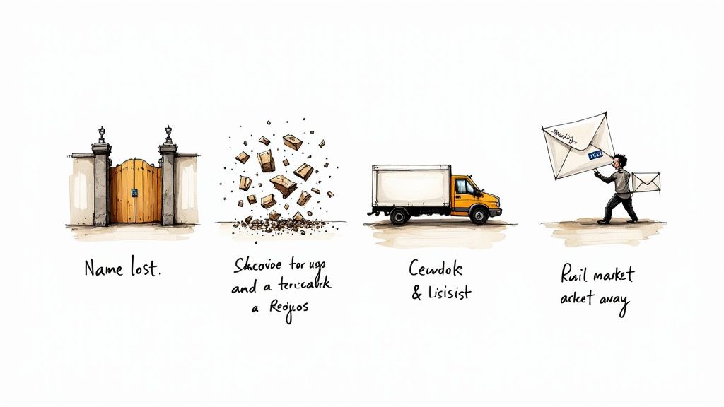 Four panel cartoon illustrating business concepts: a gate, breaking boxes, a delivery truck, and a mailman.