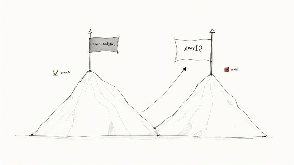 A hand-drawn sketch comparing Zenith Analytics (domain) with ApexIQ (social) represented by flags on mountains.