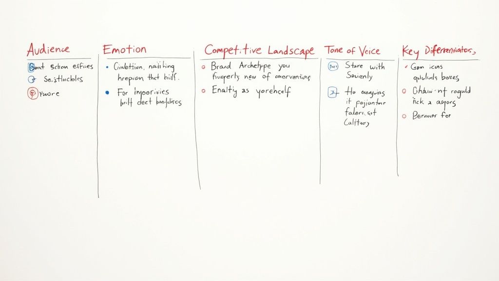 A team collaborating around a table with sticky notes and documents, defining a strategy.