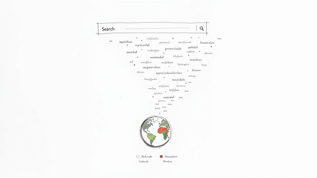 Hand-drawn illustration of a search bar, with words funneling into a globe showing categorized data.