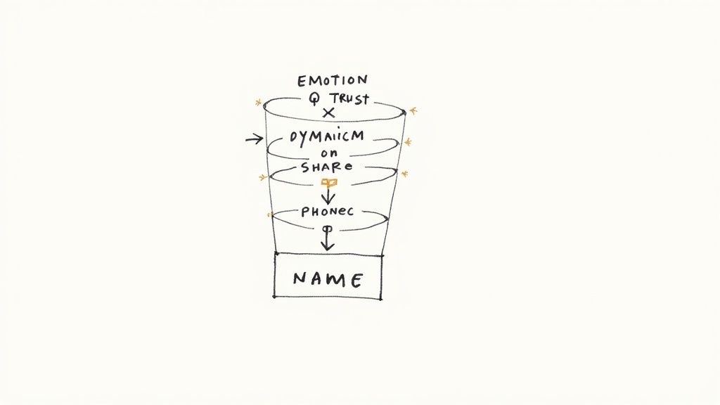 A hand-drawn funnel diagram illustrating a process from emotion and trust, through sharing, to a brand name.