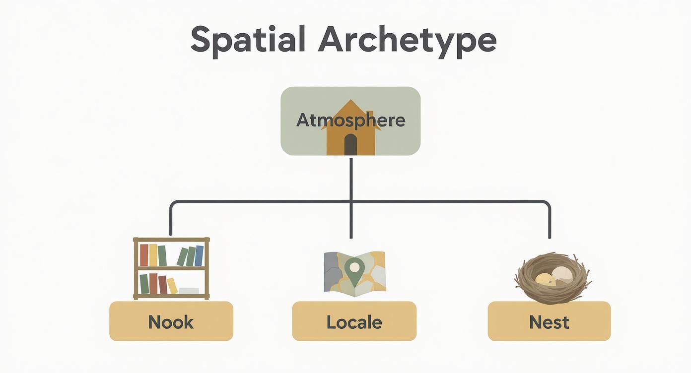 A diagram illustrating spatial archetypes, showing Atmosphere, Nook, Locale, and Nest concepts.