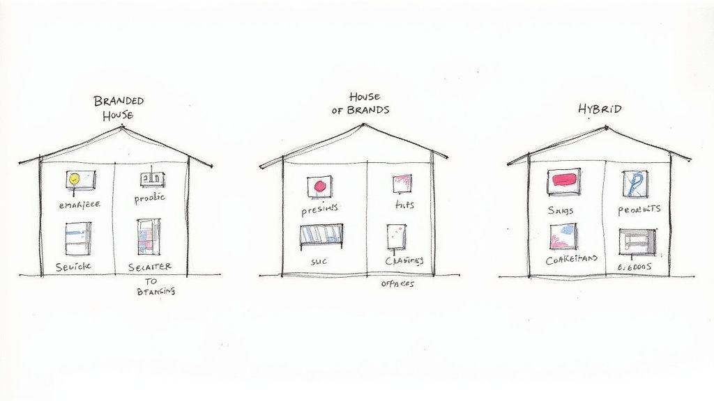 A hand-drawn diagram illustrating three brand architecture models: Branded House, House of Brands, and Hybrid.