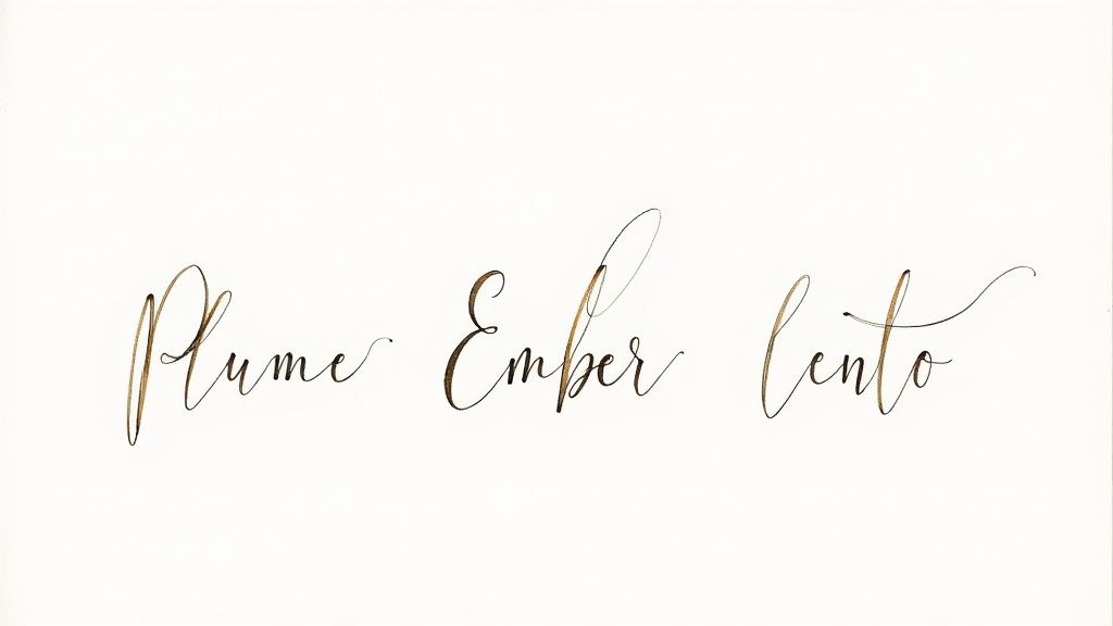 Elegant calligraphy showcasing the words 'Plume Ember Lento' in a refined brown-gold script on a white background.