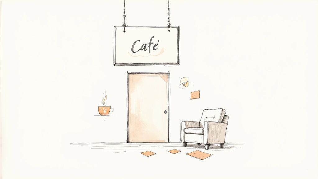 A bird's-eye view of a beautifully crafted latte in a white cup, surrounded by scattered coffee beans on a dark, rustic wooden table.