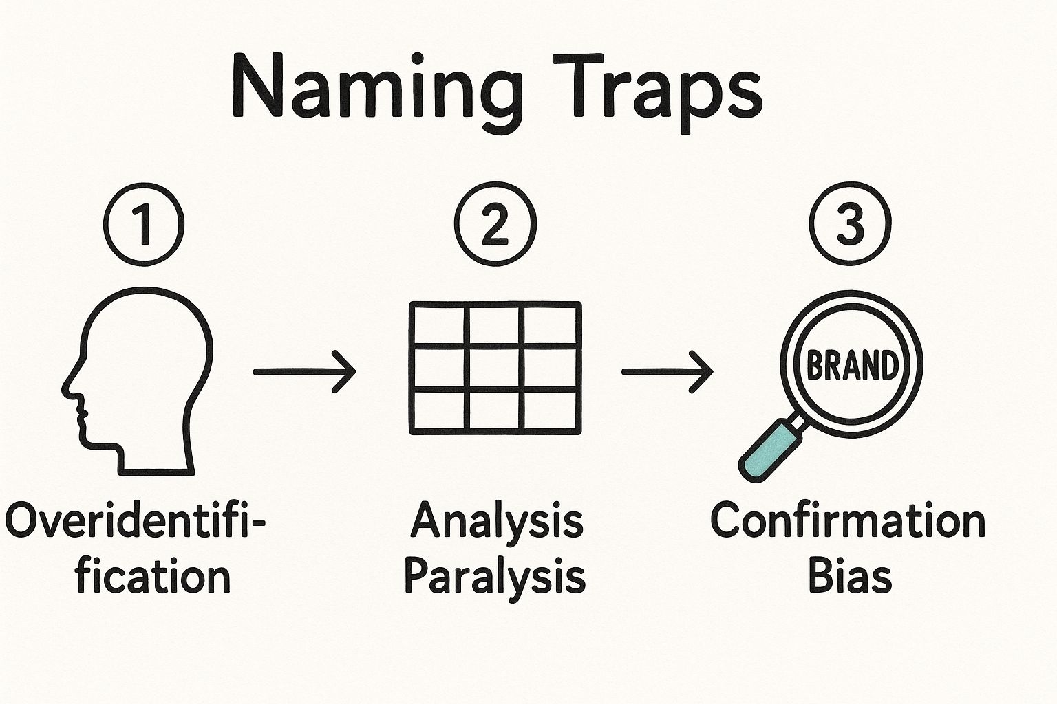 An infographic showing a three-step process of cognitive naming traps starting with Overidentification, leading to Analysis Paralysis, and ending with Confirmation Bias.