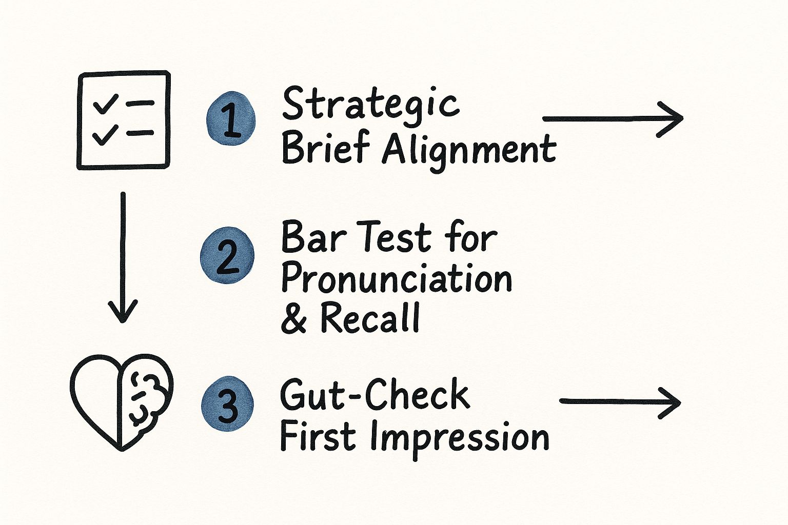 Infographic detailing a three-step process for refining business names using icons for strategy, pronunciation, and first impressions.