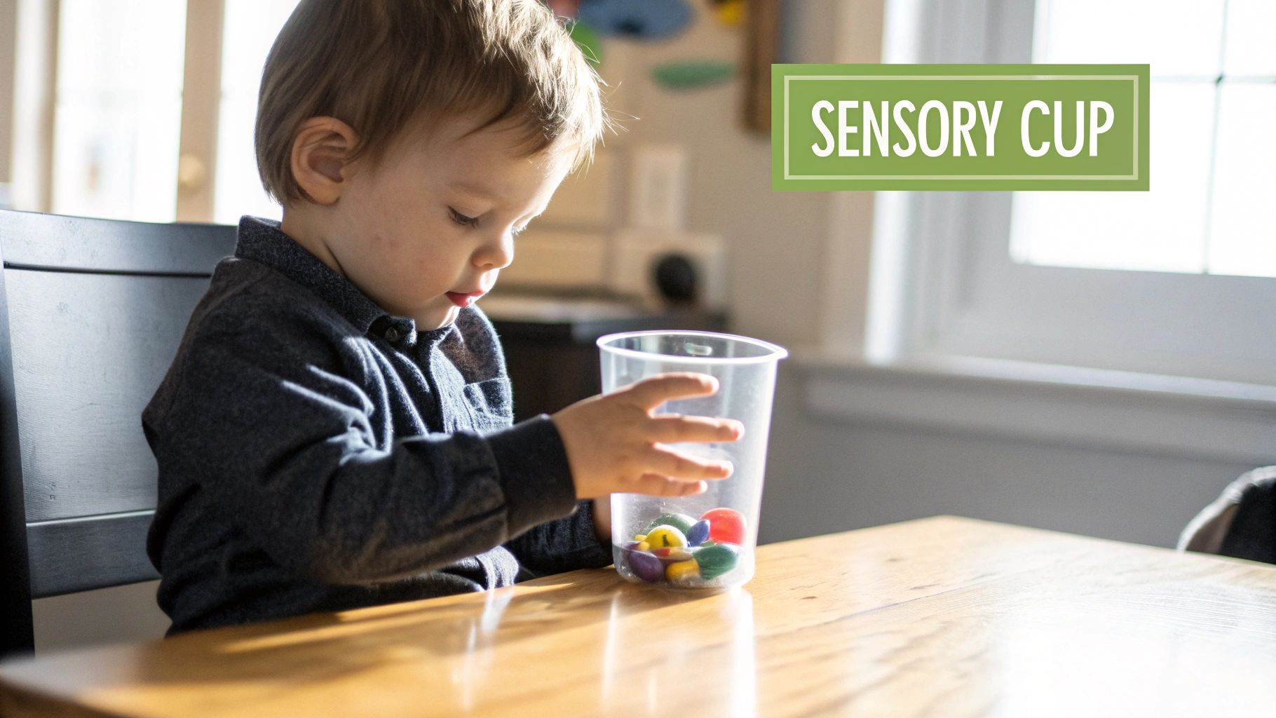A child happily playing with colorful sensory toys, engaging their sense of touch and sight.
