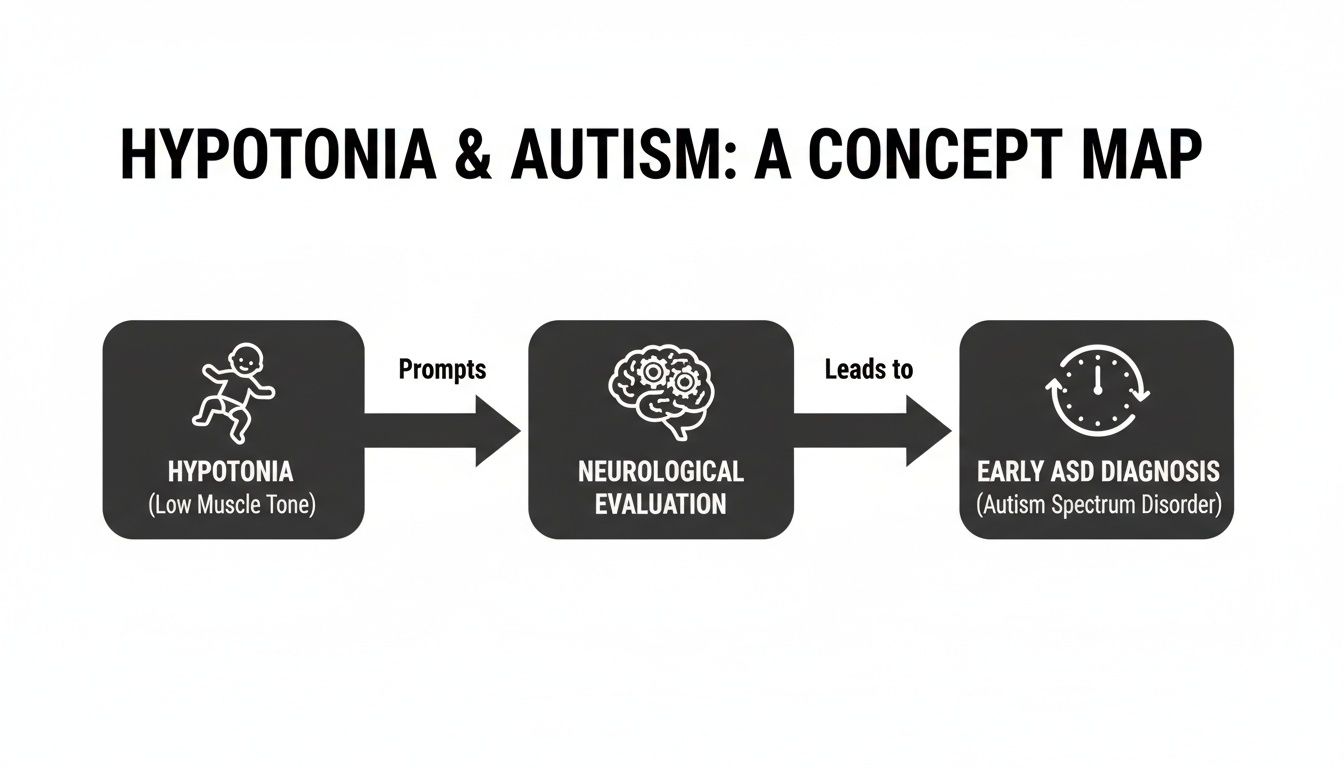 Concept map illustrating the connection between hypotonia, neurological evaluation, and early autism spectrum disorder diagnosis.