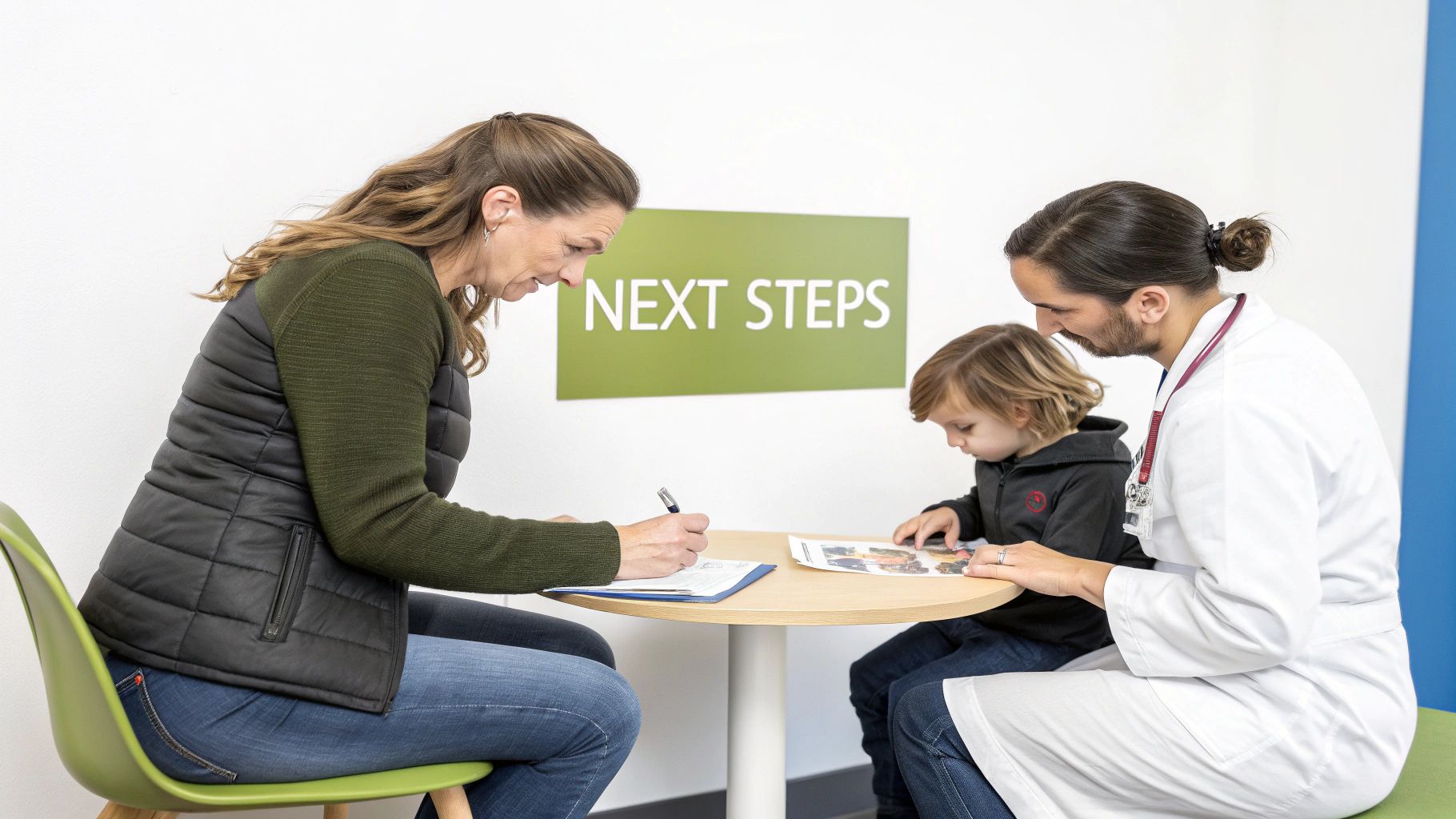 A woman writes on a clipboard while a doctor and child engage with a puzzle during a consultation.