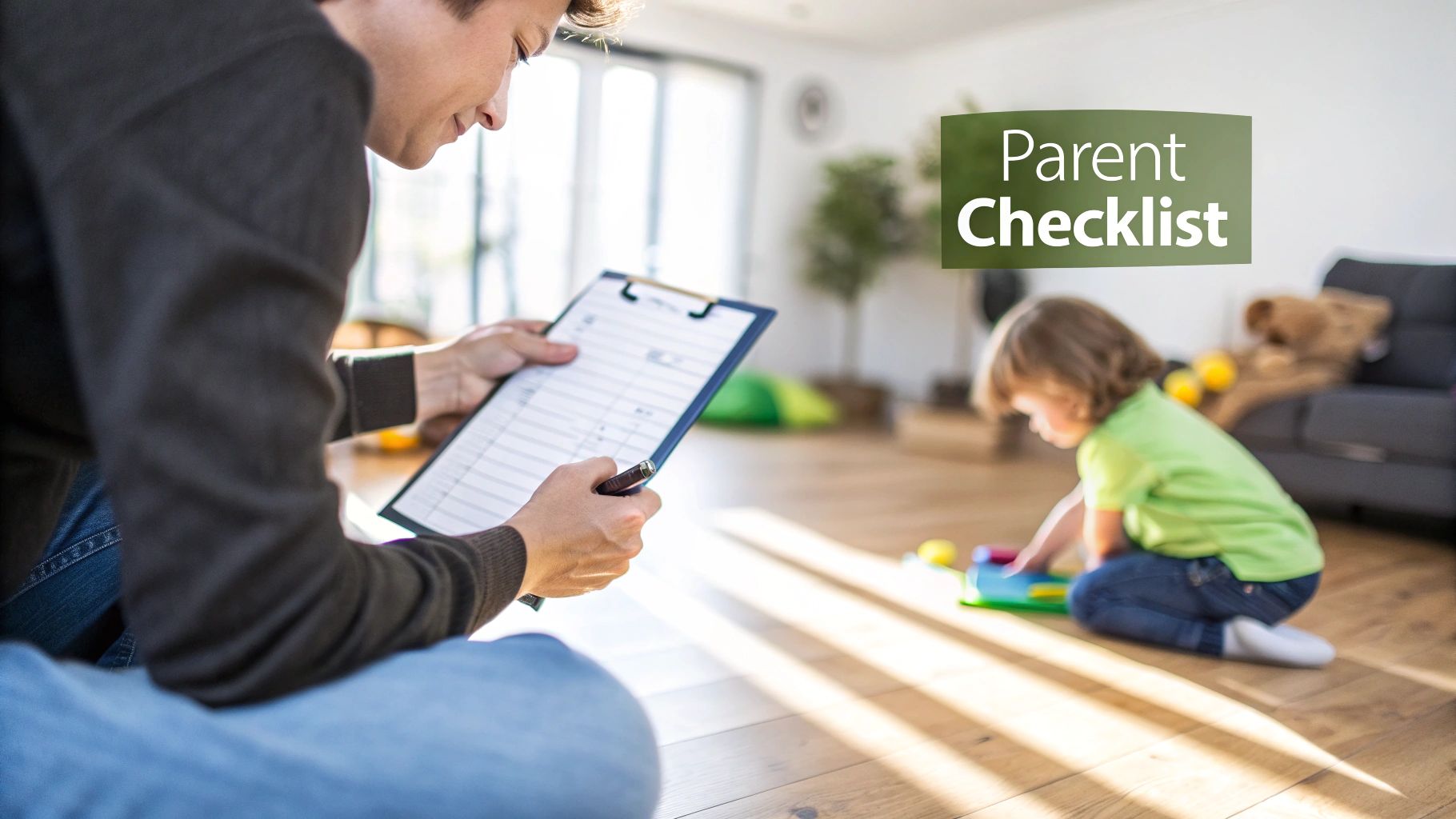 A parent sitting on the floor reviews a 'Parent Checklist' on a clipboard while their child plays.