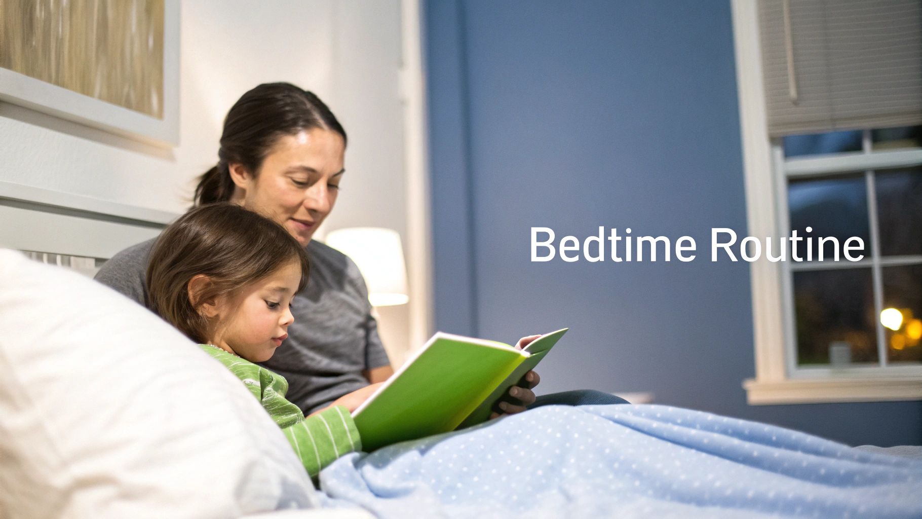 A mother and child share a book in bed, establishing a peaceful bedtime routine.