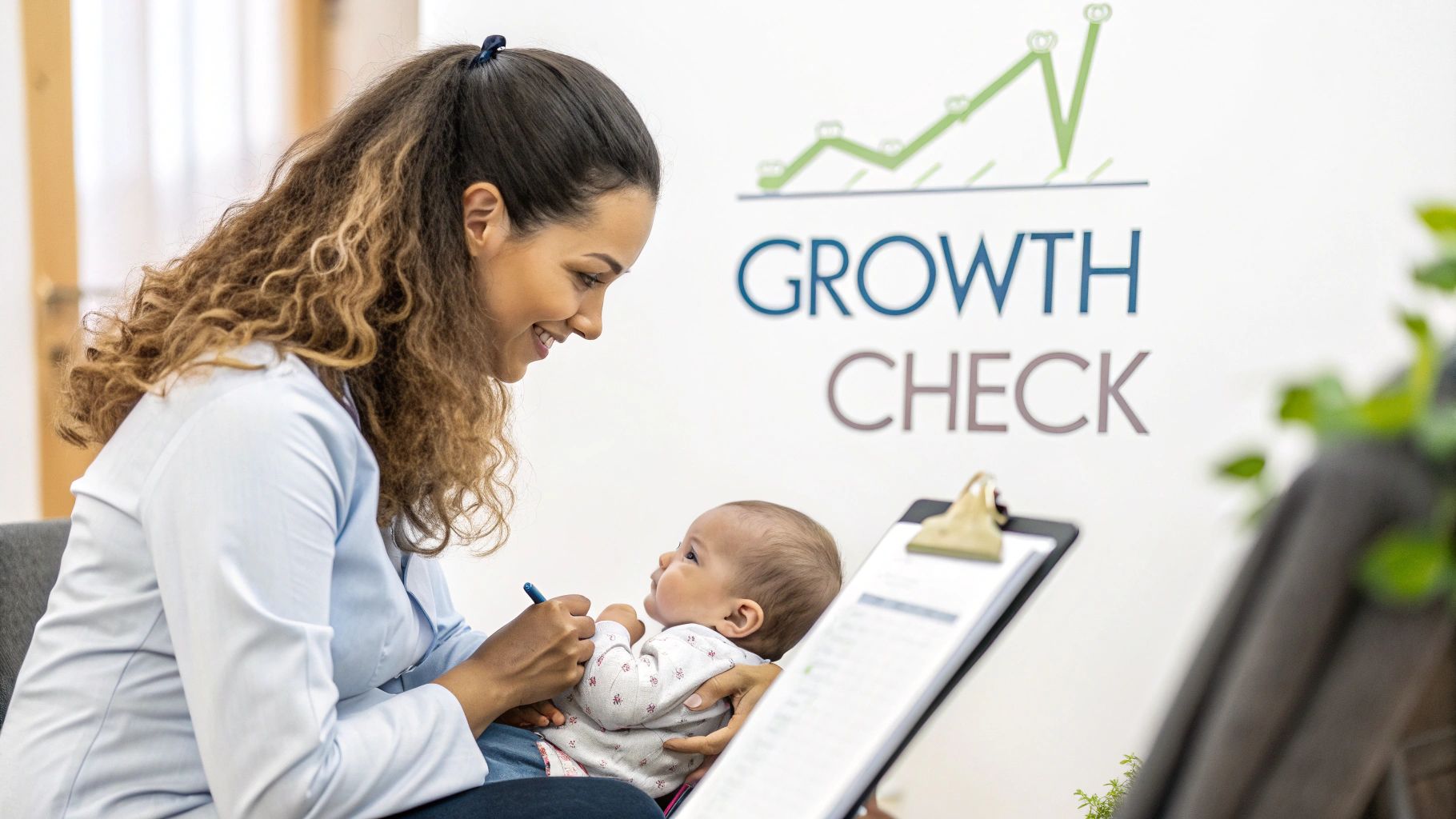 A smiling doctor or nurse holds a happy baby during a growth check-up, with a chart on the wall.