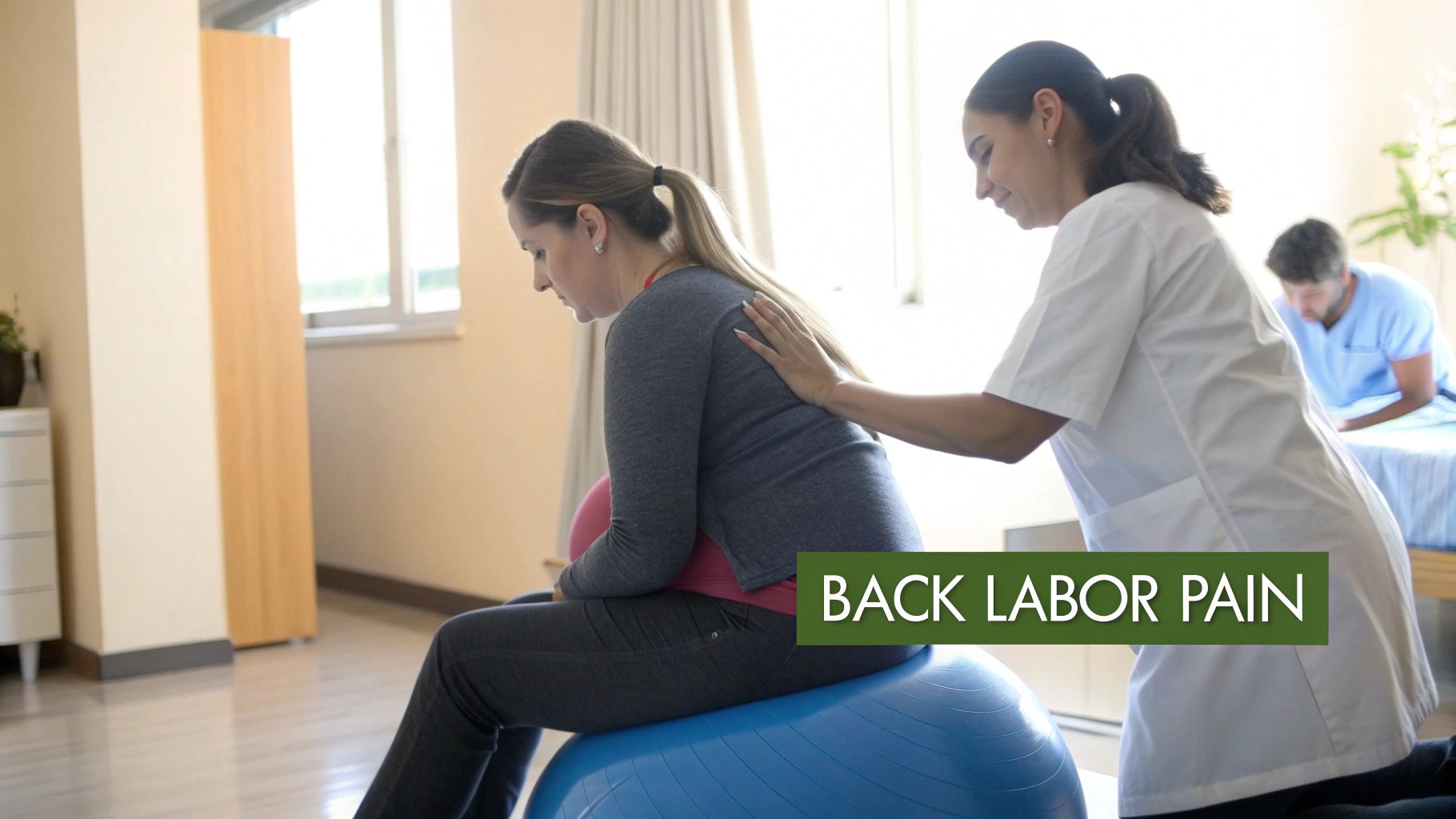 A pregnant woman on an exercise ball gets a back massage from a nurse for labor pain.