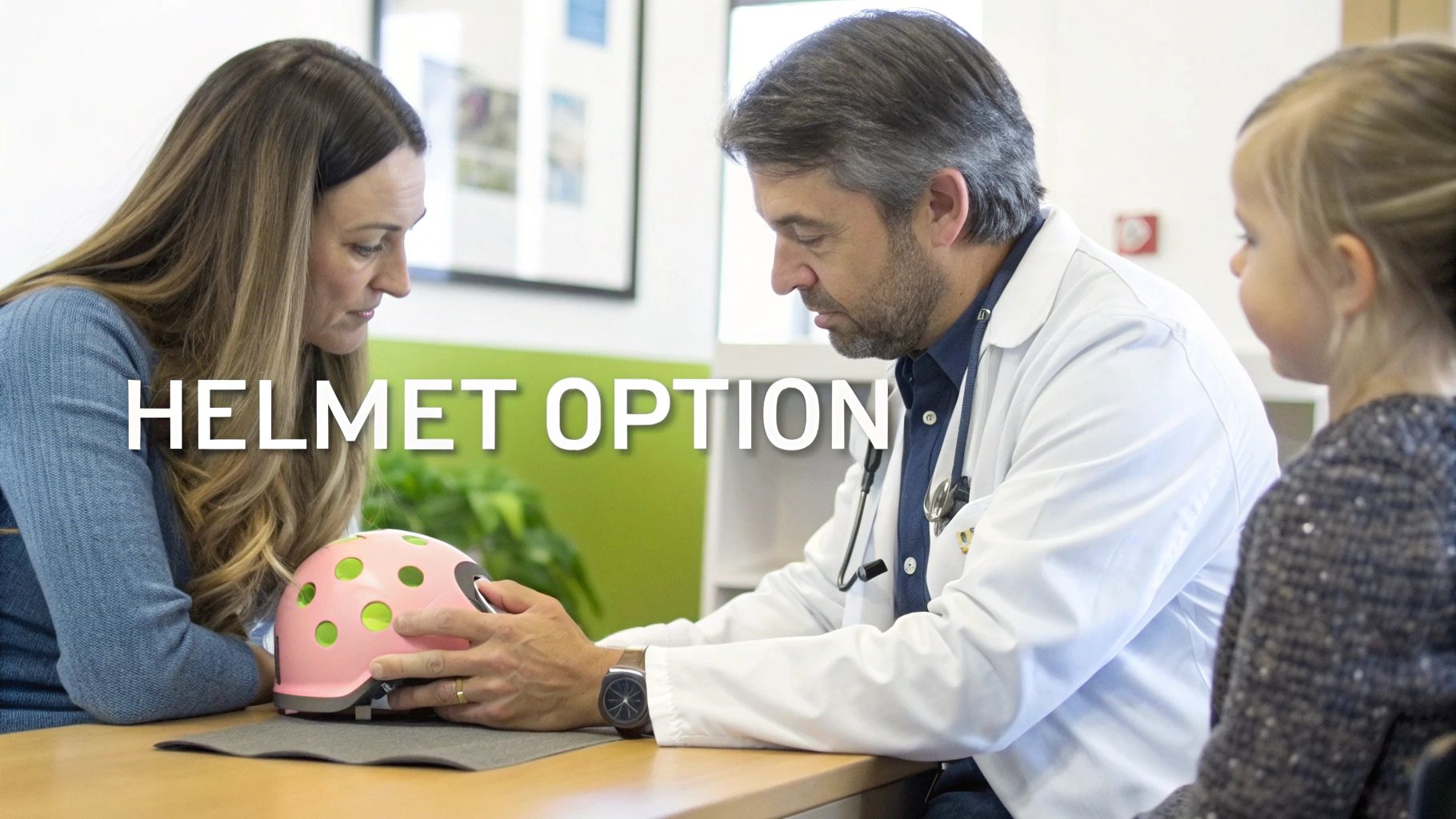 A doctor presents a pink infant helmet to a mother and child, discussing treatment options for flat head.