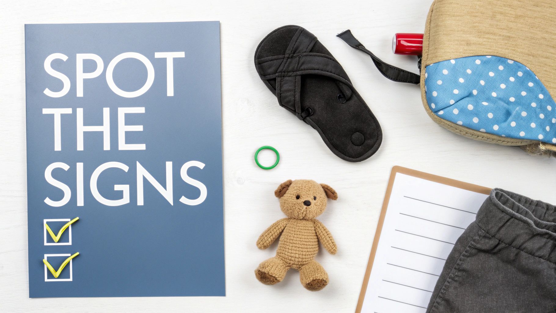 Blue "SPOT THE SIGNS" poster with checkmarks, teddy bear, slipper, and travel items on white.