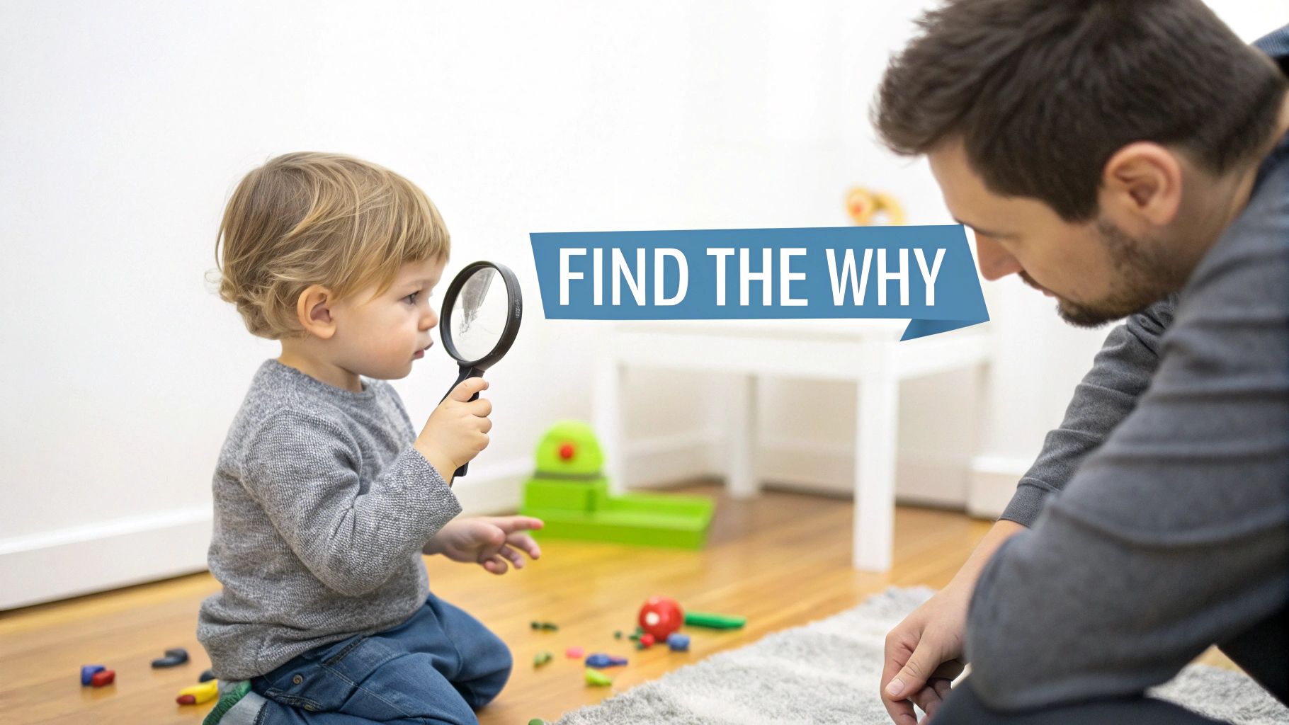 A curious toddler holds a magnifying glass, looking towards his father, with 'FIND THE WHY' text.