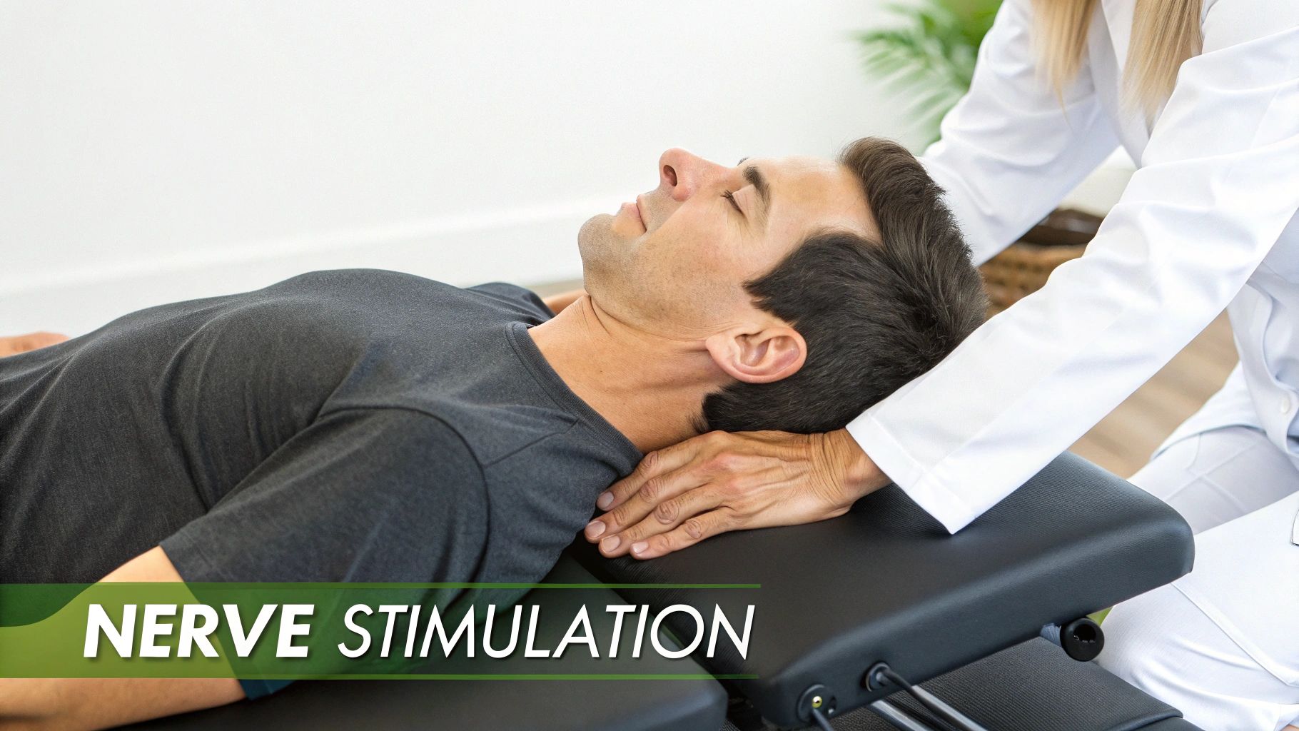 A chiropractor performing a gentle adjustment on a patient's neck, with a focus on the precise, gentle nature of the technique.