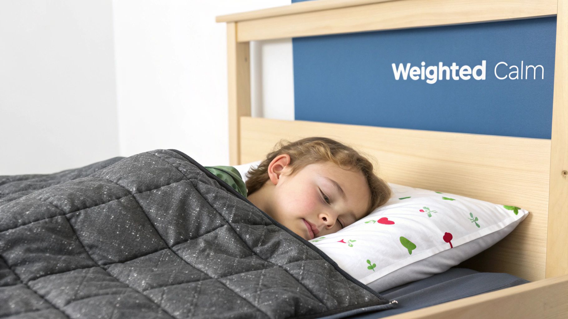 A young child sleeps peacefully in a bed under a dark grey quilted weighted blanket.
