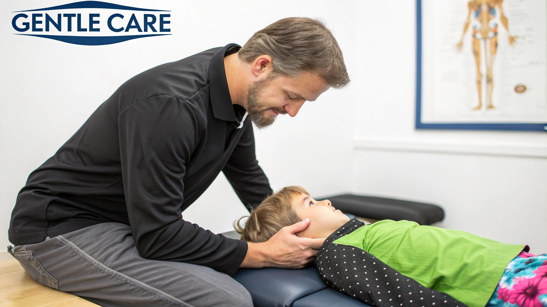 Chiropractor performing a gentle adjustment on a child