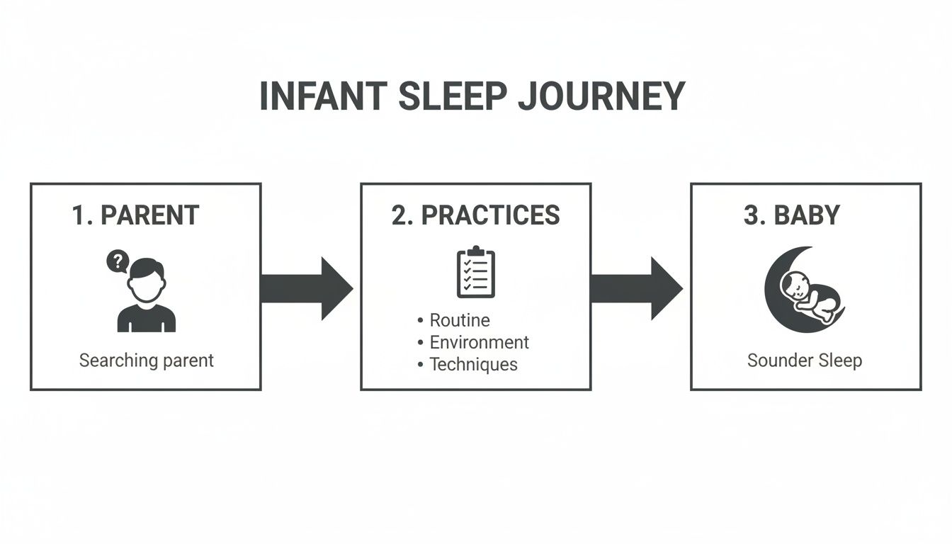 Infant sleep journey flowchart showing a parent seeking practices for a baby's sounder sleep.