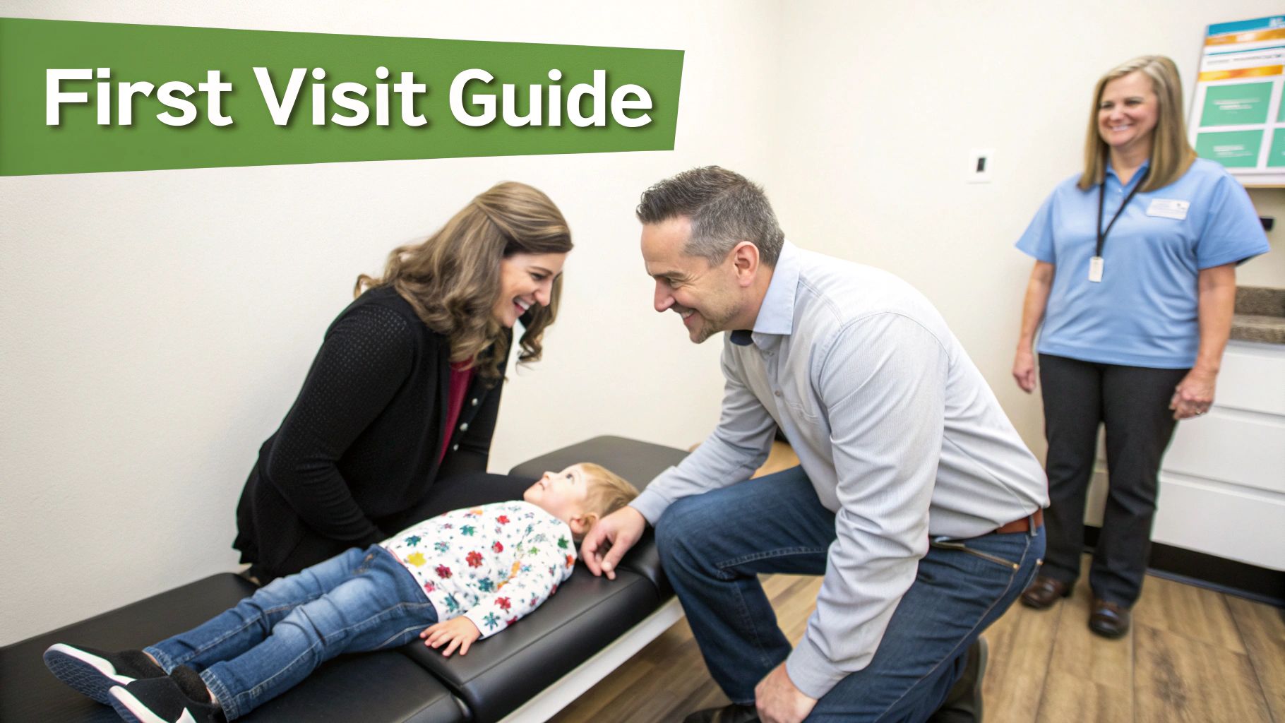 A smiling family with a child on an exam table during a first visit to a chiropractic office.