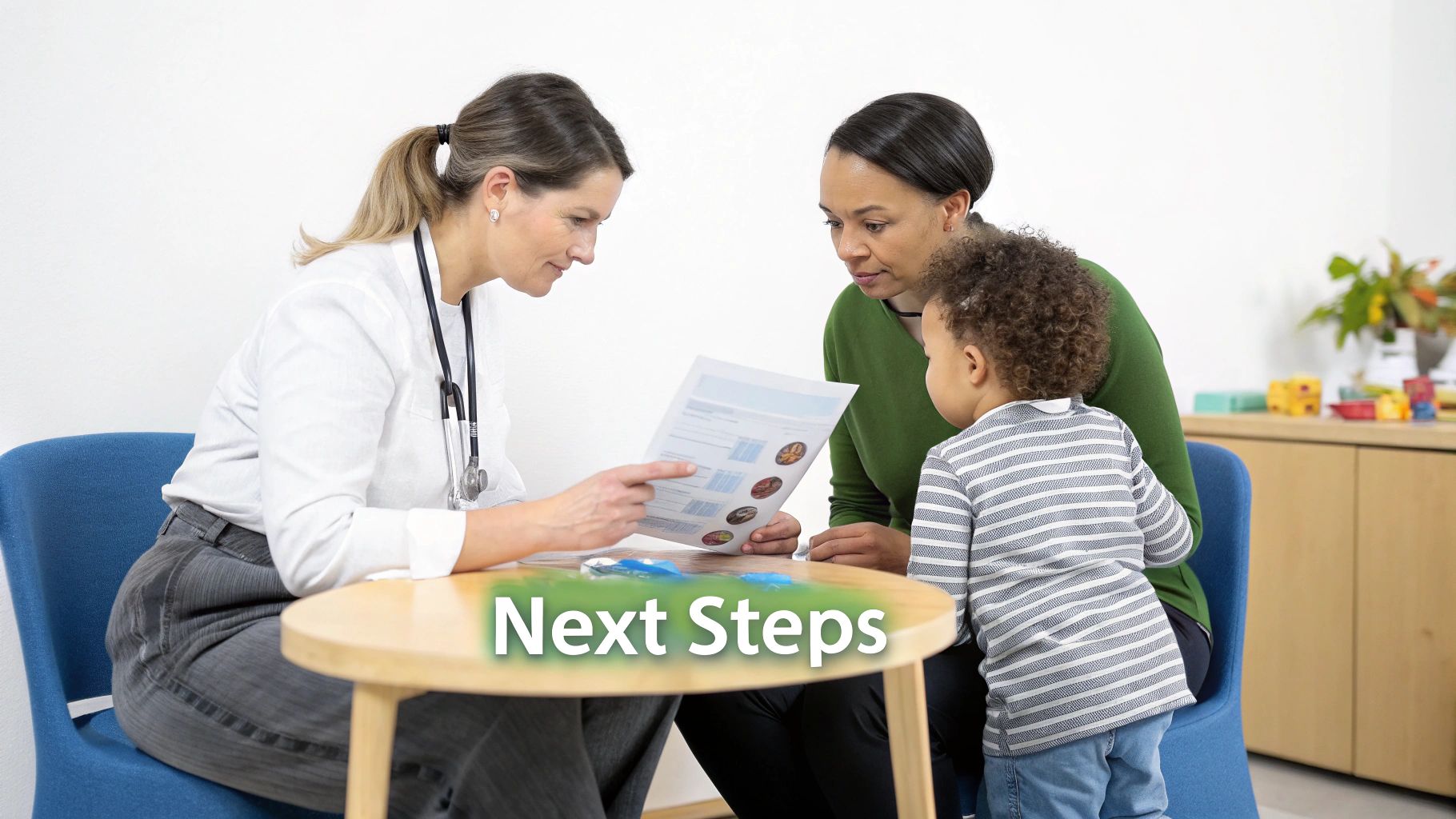 A doctor shows a document to a mother and her toddler during a medical consultation.