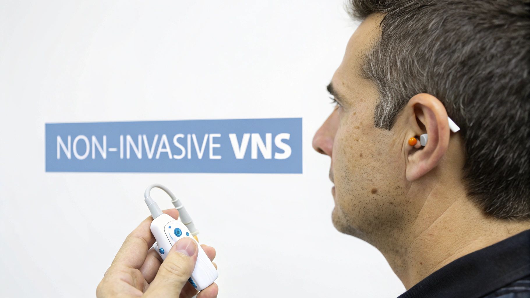 Man using non-invasive vagus nerve stimulation device with earpiece attachment and handheld controller