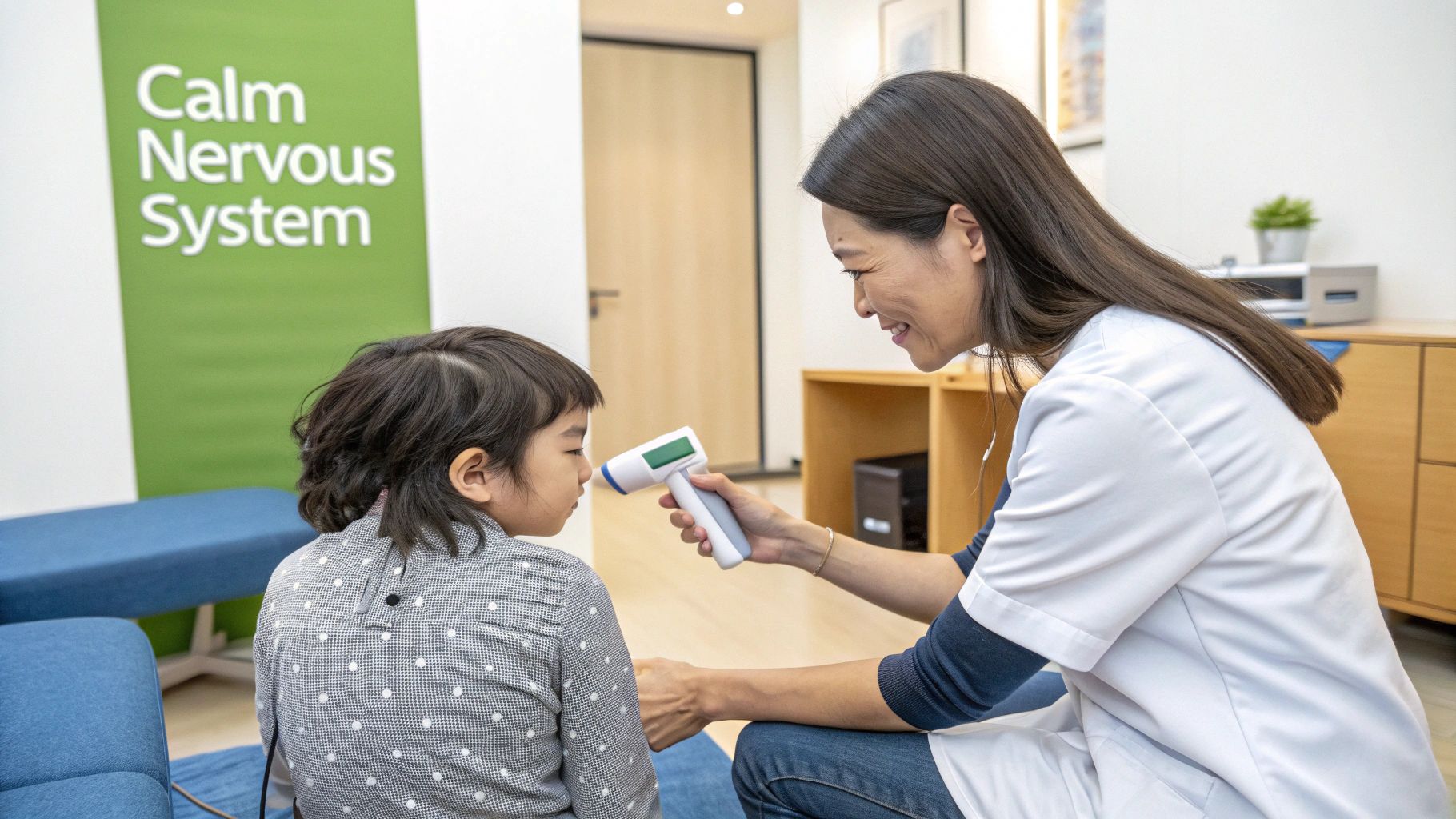A smiling healthcare professional gently takes a young child's temperature with a non-contact thermometer.