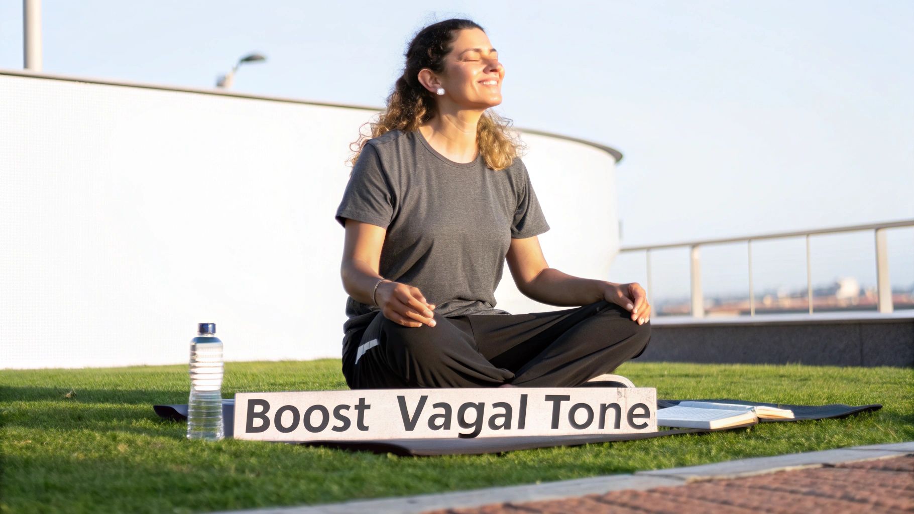 Smiling woman meditating on grass with a 'Boost Vagal Tone' sign, promoting well-being.