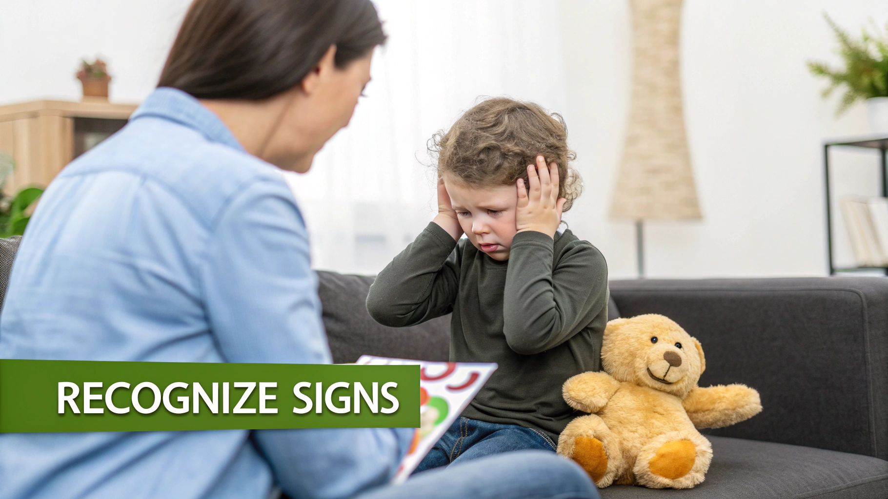 A young child covers their ears in distress while a woman observes, highlighting sensory overload awareness.