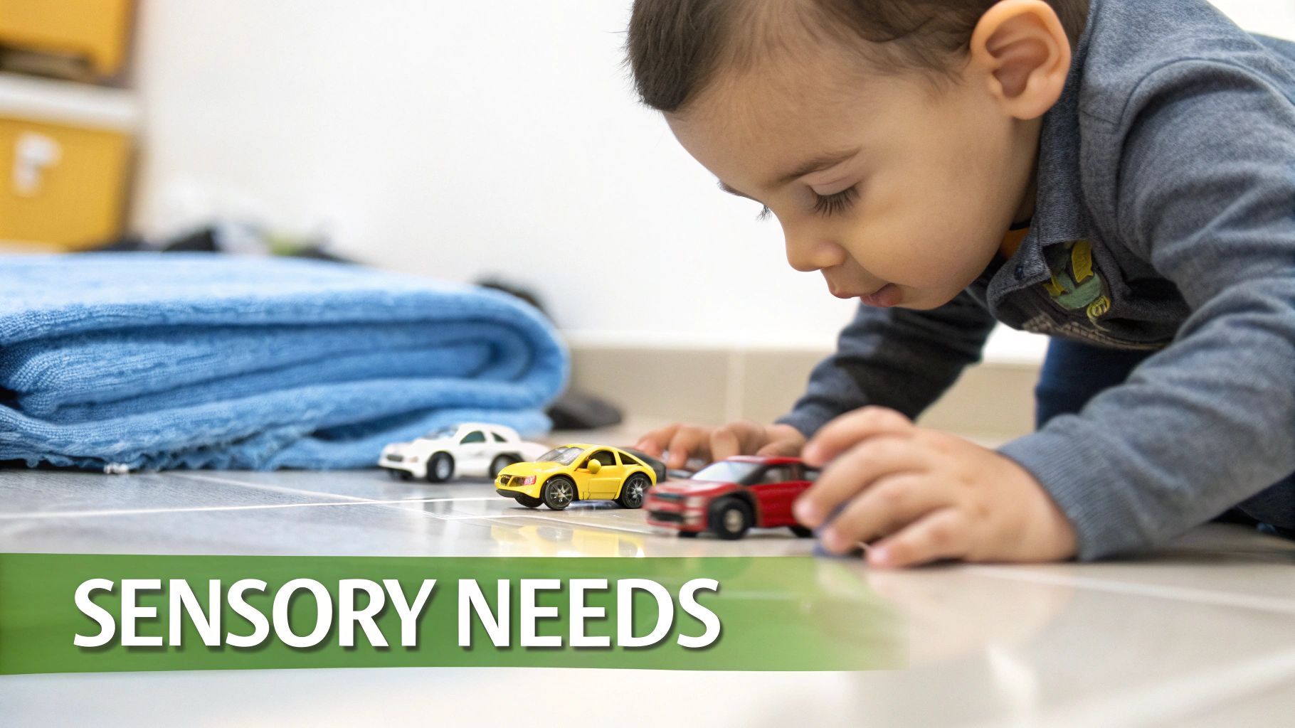 A young child plays with toy cars on the floor, with 'SENSORY NEEDS' text overlay.