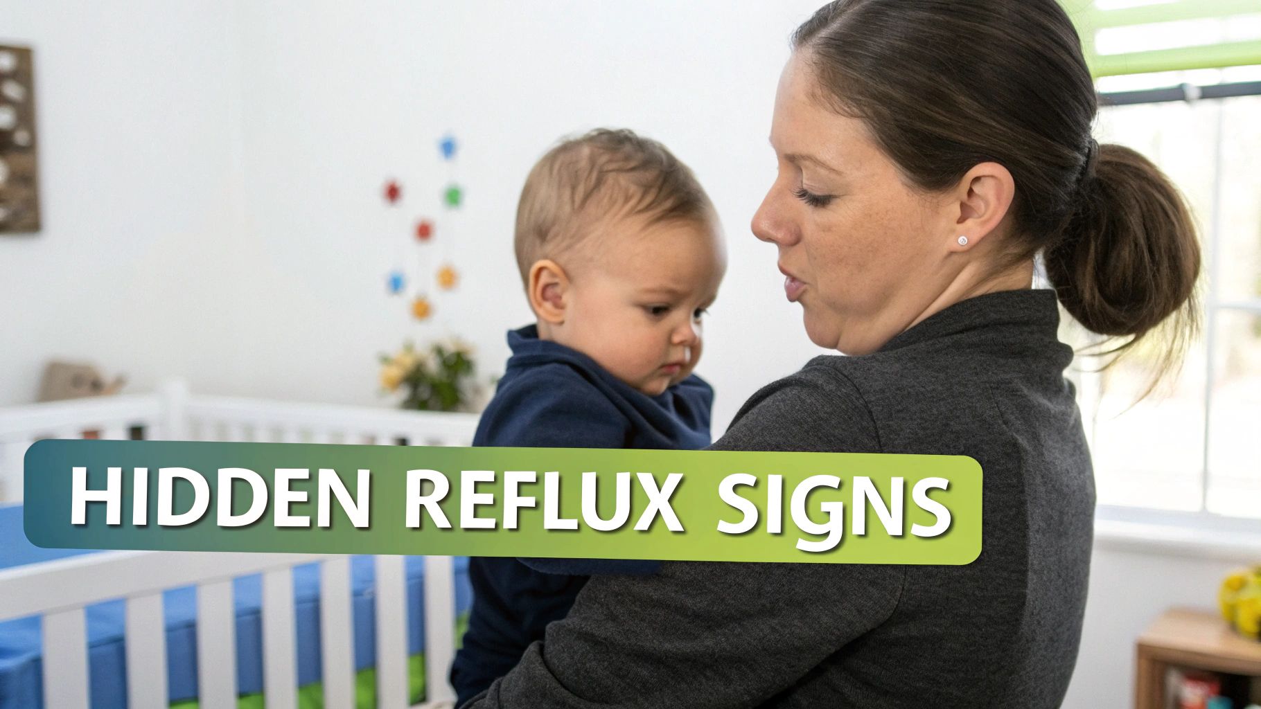 A mother holds her baby in a nursery, with the text 'HIDDEN REFLUX SIGNS' overlayed on the image.