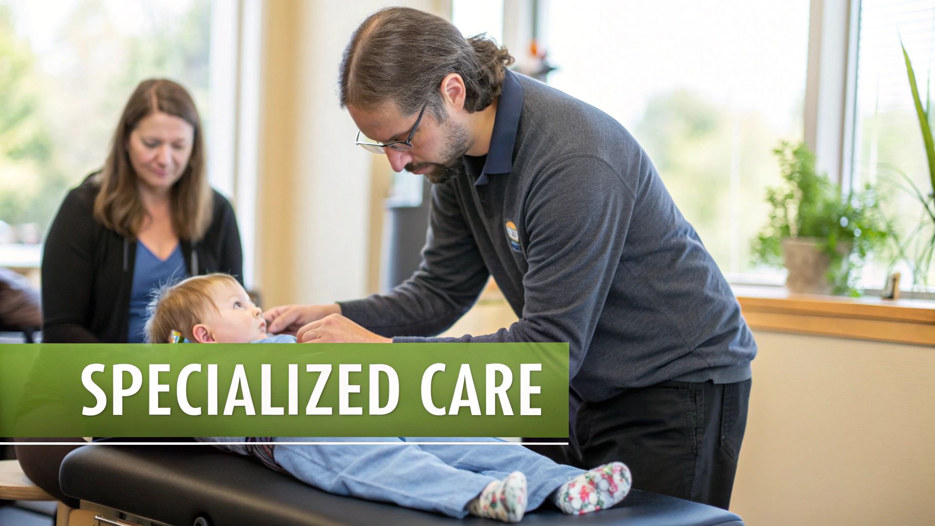 A pediatric chiropractor examining a baby on a treatment table with the mother observing in the background.
