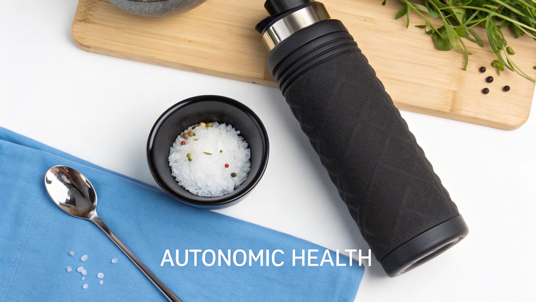 Overhead flatlay of a health-focused setup with a black bottle, bowl of salt, spices, and fresh greens.