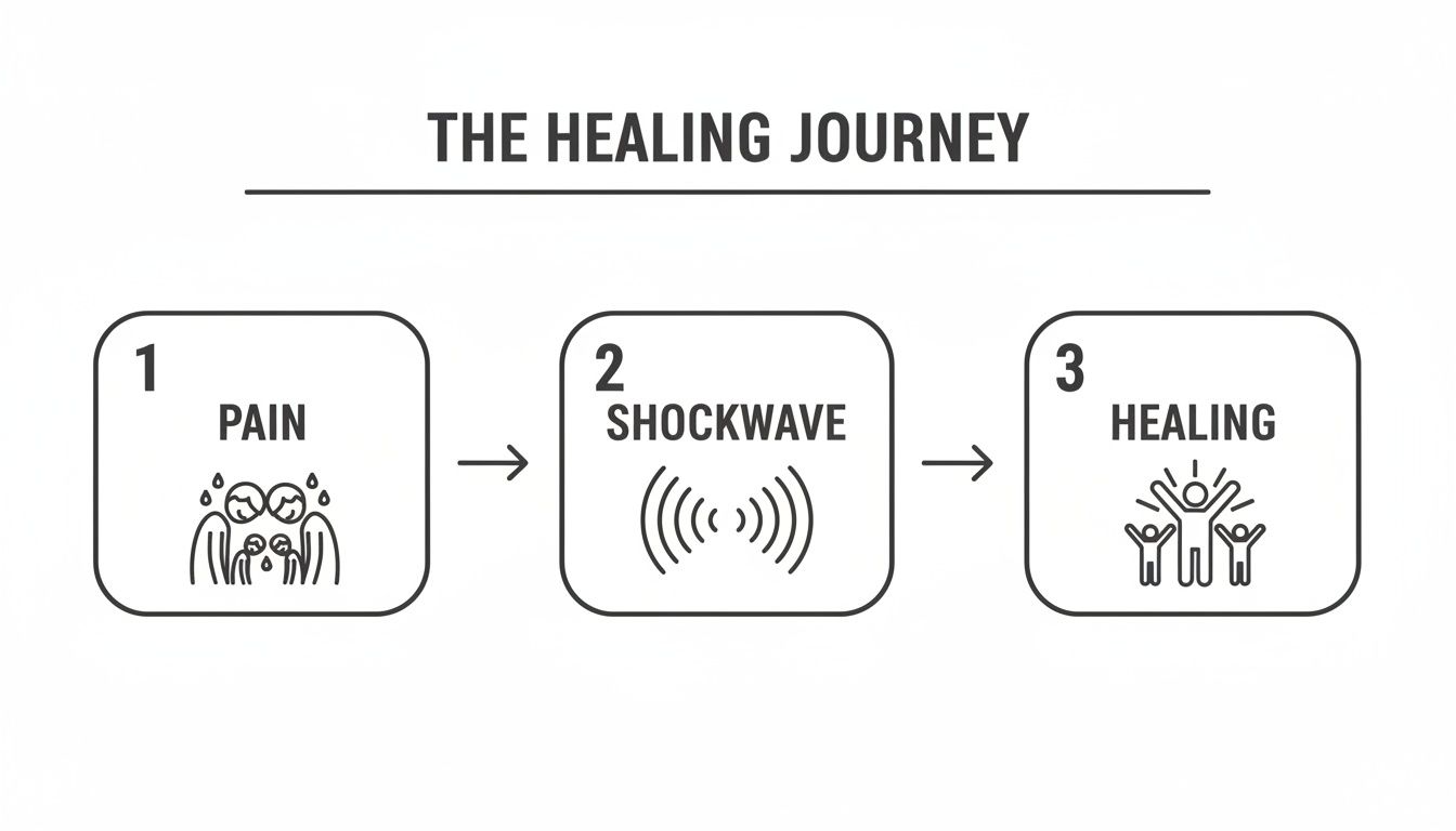 A three-step diagram illustrating the healing journey from pain to healing via shockwave.