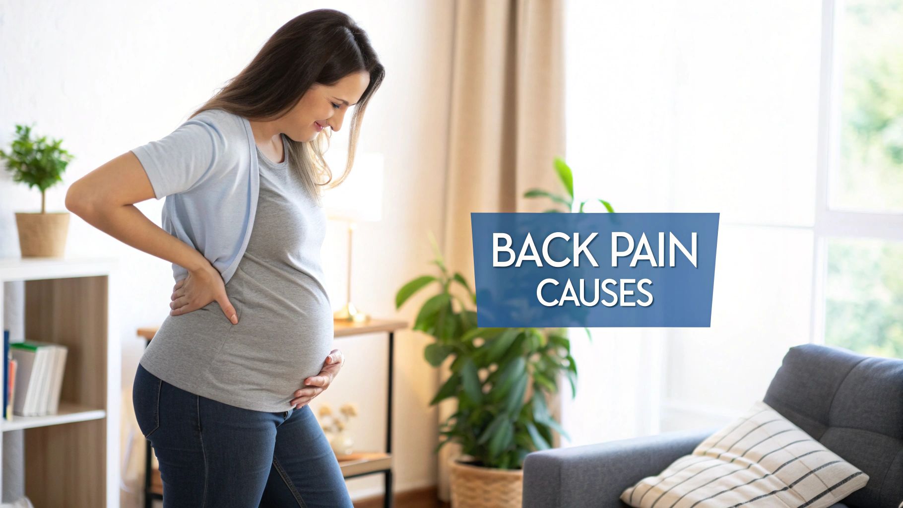 A pregnant woman holds her lower back, showing the common area of pain.
