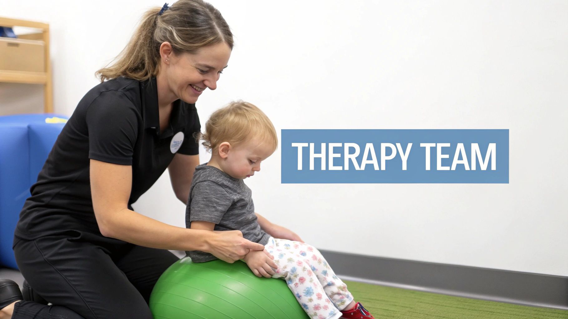A young child engages in physical therapy, building strength and coordination with the help of a therapist.