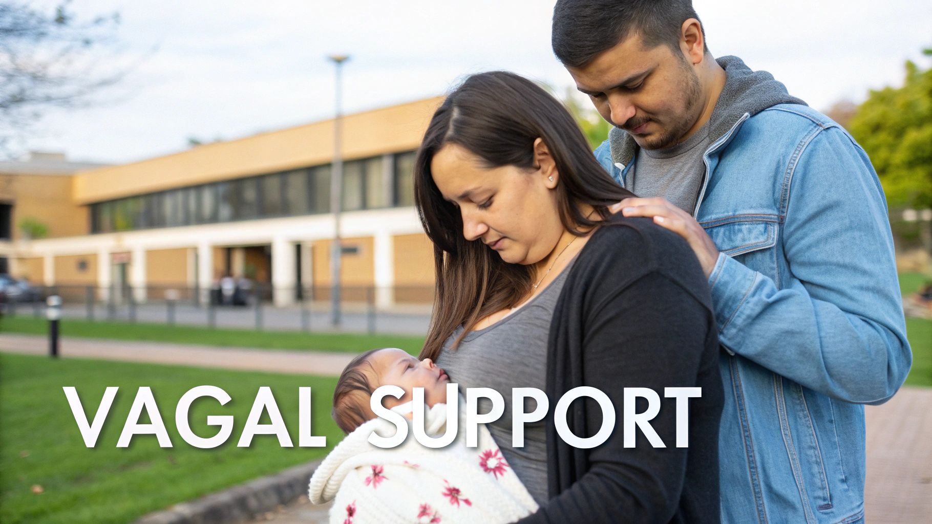 Parents lovingly holding their baby, with the text 'VAGAL SUPPORT' overlaid on the image.